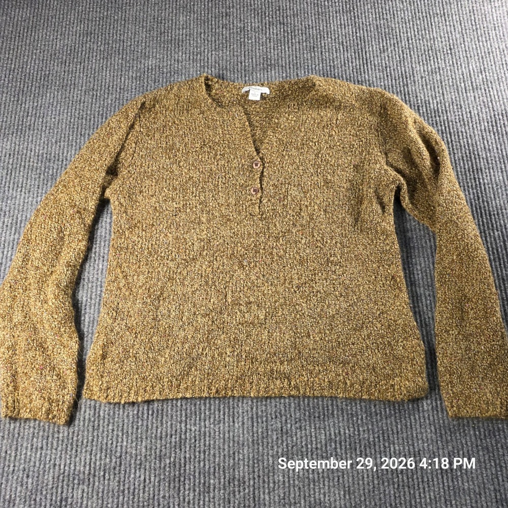 Dressbarn Womens Mustard Yellow Confetti Marl Henley Knit Sweater Size Large